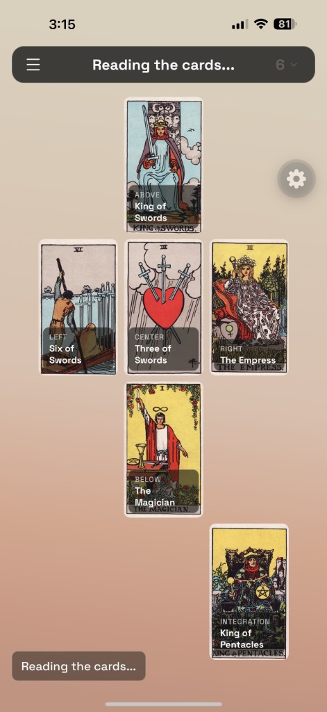 A reading in progress. Six cards on the table.